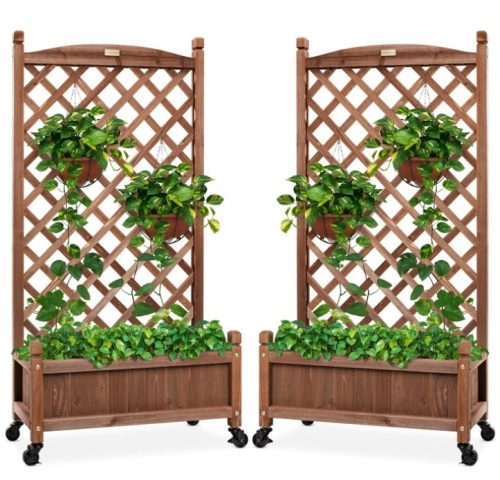 Set of 2 Wood Planter Box & Lattice Trellis w/ Optional Wheels - 48in - Lot 7