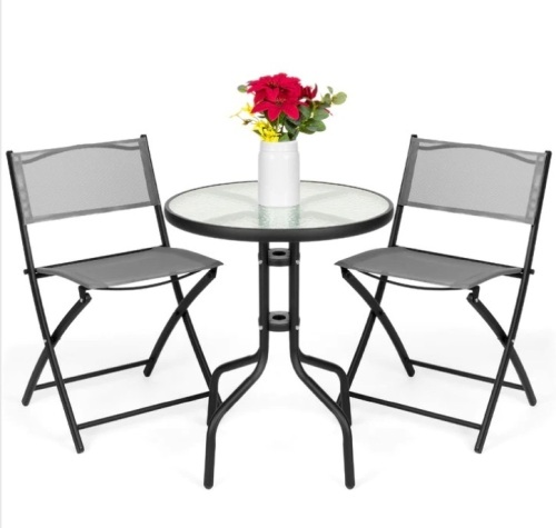 3-Piece Bistro Set w/ Glass Table, 2 Foldable Chairs - Lot 203