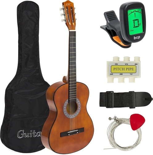 Best Choice Products 38in Beginner All Wood Acoustic Guitar Starter Kit w/Case, Strap, Digital Tuner, Pick, Strings - Lot 251