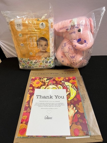 Misc Baby Items Bundle-Wall Art Prints, Plush Elephant, Diapers - Lot 282