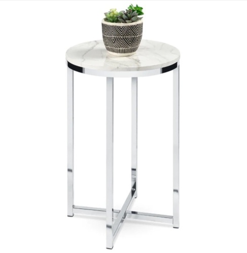 Round Coffee Side Table w/ Faux Marble Top, Metal Frame - 16in - Lot 444