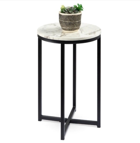 Round Coffee Side Table w/ Faux Marble Top, Metal Frame - 16in - Lot 589