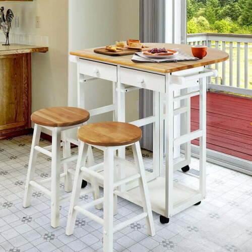 Ktaxon Kitchen Cart Island Rolling Home Dining Wooden Trolley Storage with 2 Stools - Lot 10039