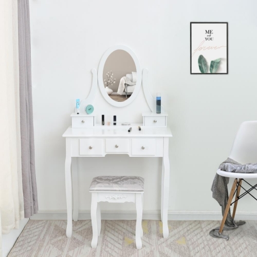 Vanity Makeup Dressing Table Set with Cushioned Stool Rotatable Mirror 5 Drawers Jewelry Desk White - Lot 10110