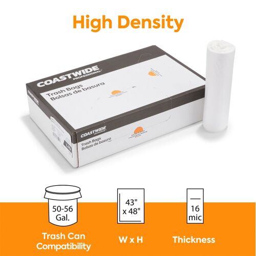 Coastwide Professional™ 56 Gal. Trash Bags, High Density, 16 Mic., Natural, 25 Bags/Roll, 8 Rolls (CW18205) - Lot 10187