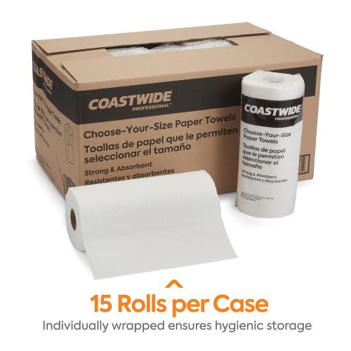Coastwide Professional Choose-Your-Size Kitchen Rolls Paper Towel, 2-Ply, White, 128 Sheets/Roll, 15 Rolls/Carton - Lot 10191