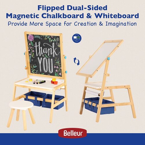 Belleur Multifunctional Kid Easel, 2 in 1 Wooden Art Easel & Desk with Stool, Flipped Dual-Sided Magnetic Chalkboard & Whiteboard for 3-7 Years Old - Lot 10238