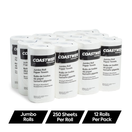 Coastwide Professional Jumbo Kitchen Rolls Paper Towel, 2-Ply, White, 250 Sheets/Roll, 12 Rolls/Carton - Lot 10275