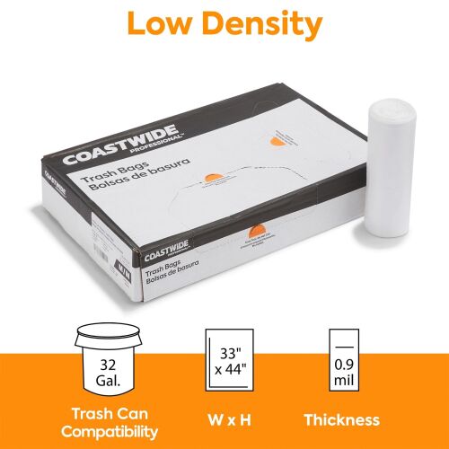 Coastwide Professional™ AccuFit 32 Gal. Trash Bags, Low Density, 0.9 Mil, Clear, 20 Bags/Roll, 5 Rolls - Lot 10265