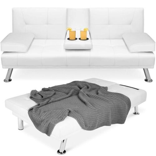 Faux Leather Upholstered Convertible Sofa Bed Futon w/ 2 Cupholders  - Lot 57
