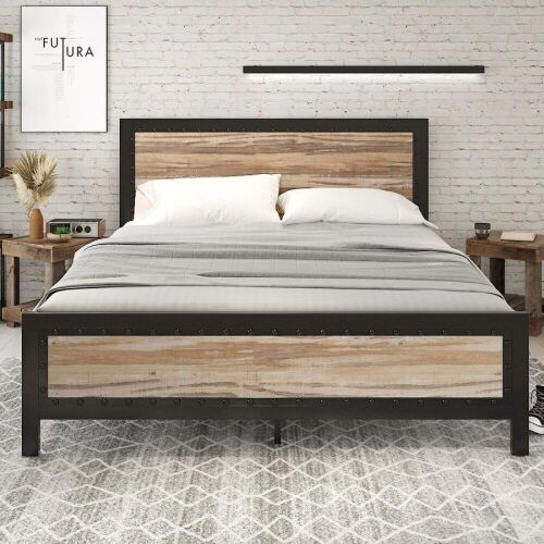 Full Size Heavy Duty Metal Bed Frame with Rivet Wooden Headboard & Footboard, Strong Steel Slats Support - Lot 63