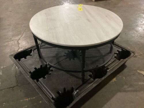 2-Tier Round Industrial Wood & Steel Coffee Table, Storage Shelves, 35.5in - Wobbly, Scrathes on Top  - Lot 197