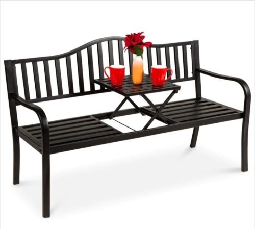 Steel Bench for Outdoor Patio and Garden w/ Pullout Middle Table - Lot 55