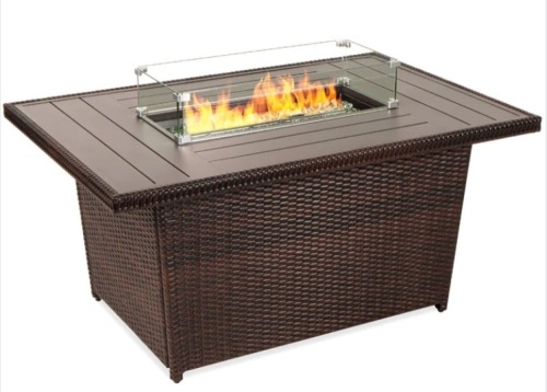 Wicker Propane Fire Pit Table, 50,000 BTU w/ Glass Wind Guard, Cover - 52in - Lot 97