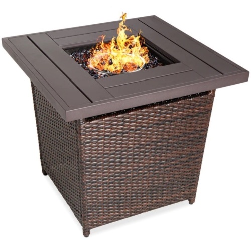 28in Fire Pit Table 50,000 BTU Wicker Propane w/ Faux Wood Tabletop, Cover - Lot 146