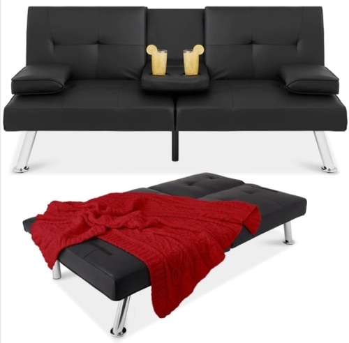 Faux Leather Upholstered Convertible Sofa Bed Futon w/ 2 Cupholders - Lot 167