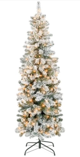 Pre-Lit Snow Flocked Artificial Pencil Christmas Tree - Lot 710