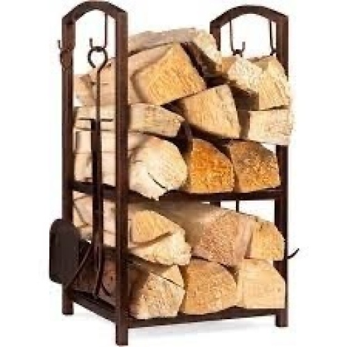 5-Piece Firewood Log Rack Holder Tools Set w/ Hook, Broom, Shovel, Tongs - Lot 122