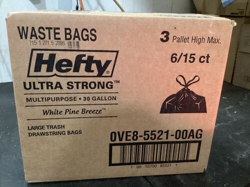 Case of (6) Hefty Ultra Strong 30Gal Drawstring Trash Bags, White Pine Breeze - Lot 606