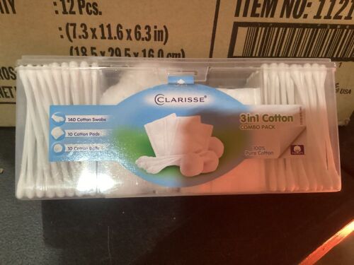 Case of (12) Clarisse 3-in-1 Combo Pack Cotton Swabs Balls Pads, 160 Ct  - Lot 977
