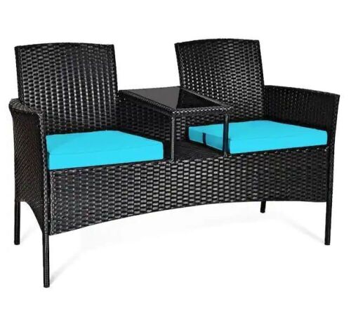Patio Rattan Conversation Set with Turquoise Cushions - Lot 231