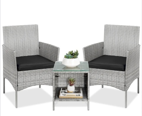 3-Piece Outdoor Patio Wicker Bistro Set w/ Side Storage Table - Lot 77