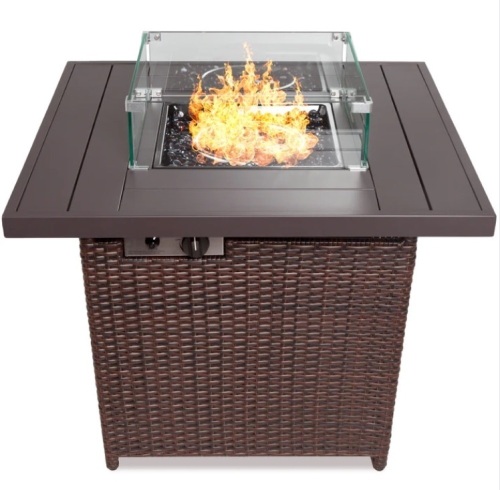 32in Fire Pit Table 50,000 BTU Wicker Propane w/ Wind Guard, Cover - Lot 89