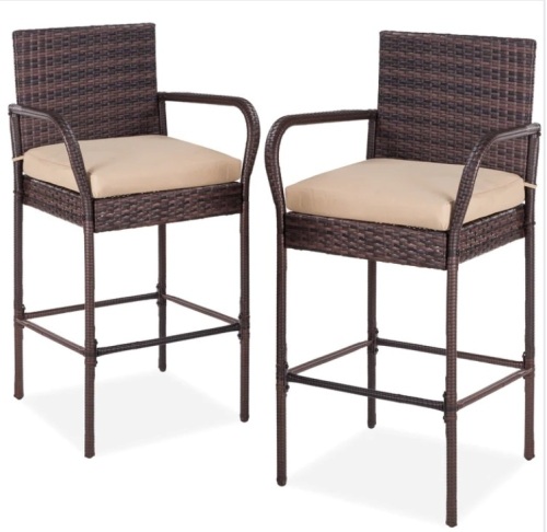 Set of 2 Indoor Outdoor Wicker Bar Stools w/ Cushions - Lot 148