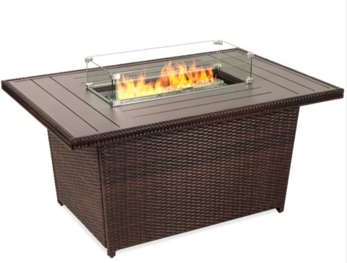 Wicker Propane Fire Pit Table, 50,000 BTU w/ Glass Wind Guard, Cover - 52in - Lot 152