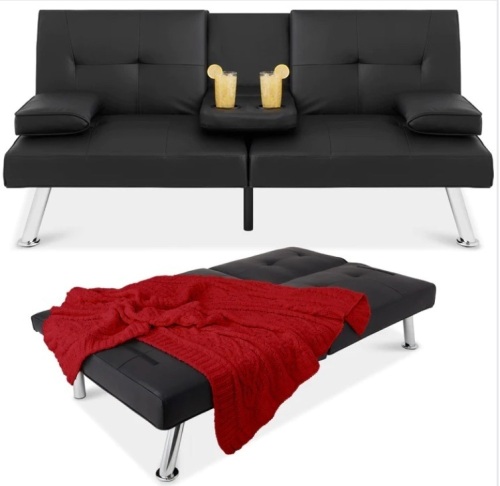 Faux Leather Upholstered Convertible Sofa Bed Futon w/ 2 Cupholders - Lot 184