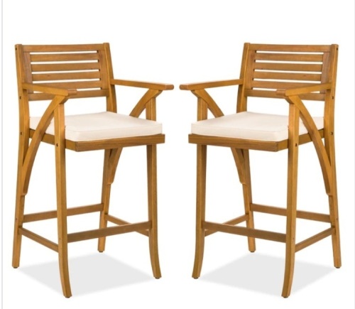 Set of 2 Outdoor Acacia Wood Bar Stools Chairs w/ Weather-Resistant Cushions - Lot 185