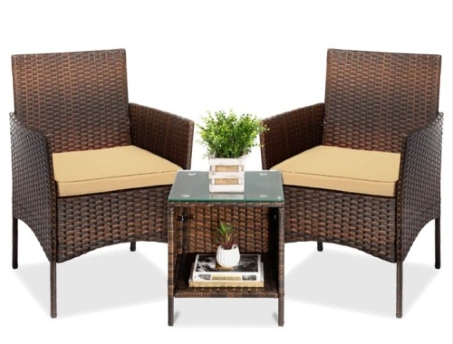 3-Piece Outdoor Patio Wicker Bistro Set w/ Side Storage Table - Lot 188