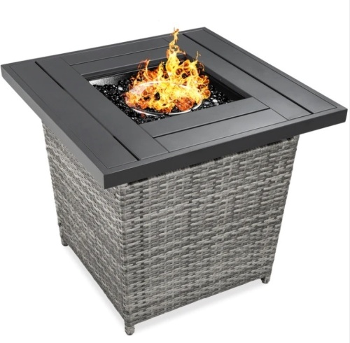 28in Fire Pit Table 50,000 BTU Wicker Propane w/ Faux Wood Tabletop, Cover - Lot 298