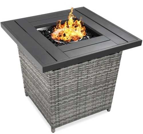 28in Fire Pit Table 50,000 BTU Wicker Propane w/ Faux Wood Tabletop, Cover - Lot 320