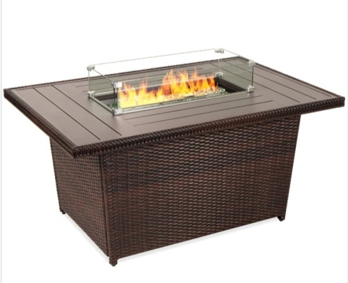 Wicker Propane Fire Pit Table, 50,000 BTU w/ Glass Wind Guard, Cover - 52in - Lot 381
