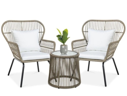 3-Piece Patio Wicker Conversation Bistro Set w/ 2 Chairs, Glass Top Table - Lot 66