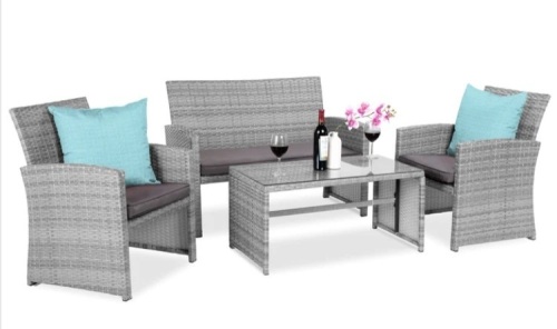 4-Piece Outdoor Wicker Conversation Patio Set w/ 4 Seats, Glass Table Top - Lot 102