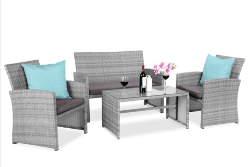 4-Piece Outdoor Wicker Conversation Patio Set w/ 4 Seats, Glass Table Top - Lot 76