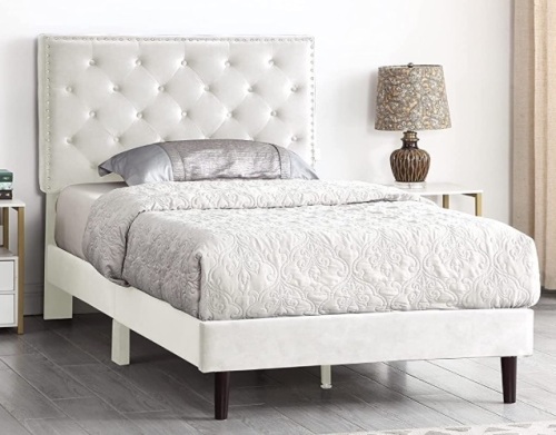 Oliver & Smith Twin Upholstered Button Tufted Suede Velour Bed Frame with 48" Tall Adjustable Headboard  - Lot 380