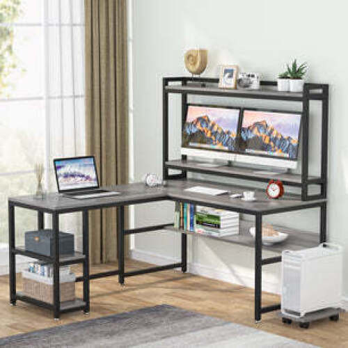 Tribesigns L-Shaped Desk, 59" Corner Computer Desk with Hutch and Shelves - Lot 10040