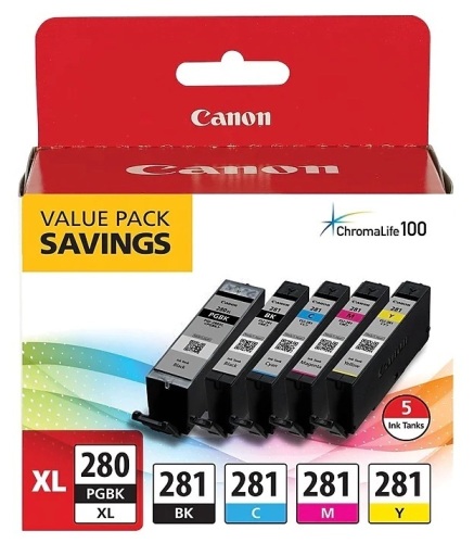 Canon 280XL/281 Black High Yield and Cyan/Magenta/Yellow/Photo Black Standard Yield Ink Cartridges, 5 Pack - Lot 250