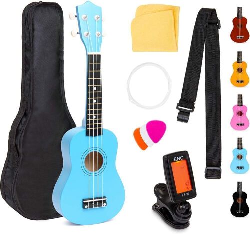 21in Acoustic Basswood Ukulele Starter Kit w/Nylon Carrying Gig Bag, Strap, Picks, Cloth, Clip-On Tuner, Extra String - Blue  - Lot 320