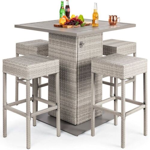 5-Piece Wicker Bar Set w/ 4 Stools, Built-In Bottle Opener, Hidden Storage  - Lot 61