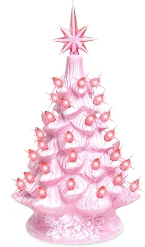 11in Ceramic Pre-Lit Hand-Painted Tabletop Artificial Christmas Tree Holiday Decor with Lights, Star Topper  - Lot 857