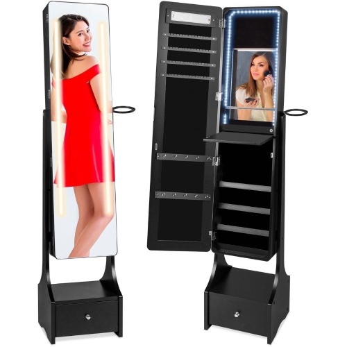 Full Length LED Mirrored Jewelry Storage Organizer Cabinet w/ Interior & Exterior Lights - Lot 882