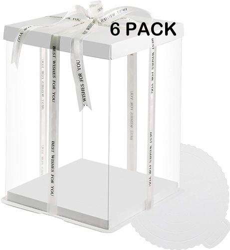 YOUNGTION Large Transparent Cake Gift Boxes with White Base and Lids, 14"x14"x15", 6 Pack  - Lot 1024