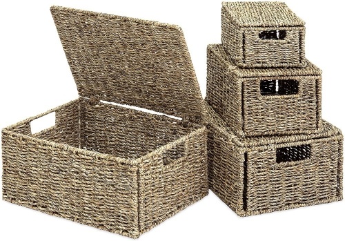 Woven Seagrass Multi-Purpose Storage Box Baskets w/Lids, Set of 4  - Lot 1078