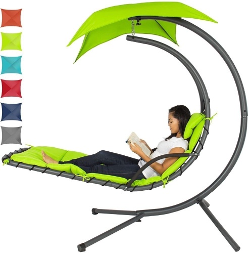Outdoor Hanging Curved Chaise Lounge Chair Swing w/ Built-In Pillow, Removable Canopy, Stand   - Lot 625