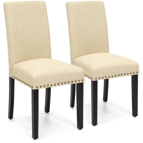 Upholstered Parsons Accent Dining Chairs w/ Wood Legs, Studded Trim, Set of 2  - Lot 651