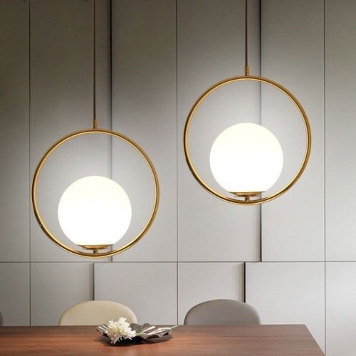 Lot of (2) Gold Ring White Glass Globe Pendant Lamps - Lot 284